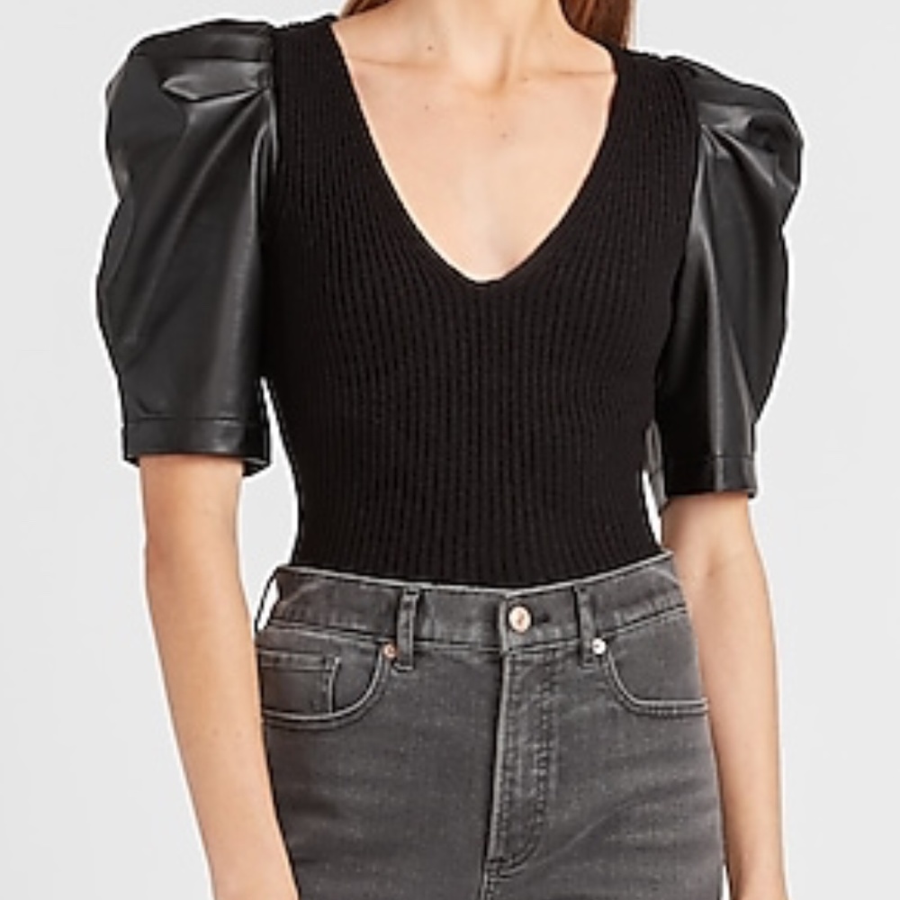 Express Black Faux Leather Puff Sleeve Ribbed Sweater, Women’s Size X-Small.